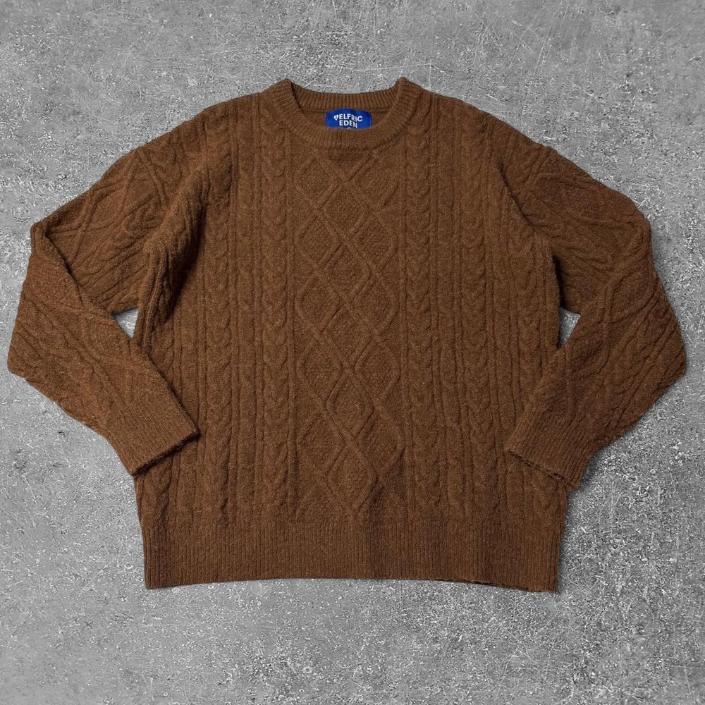 Aelfric Eden Mens Brown Cable Knit Sweater Crew Neck Long Sleeve Size Small